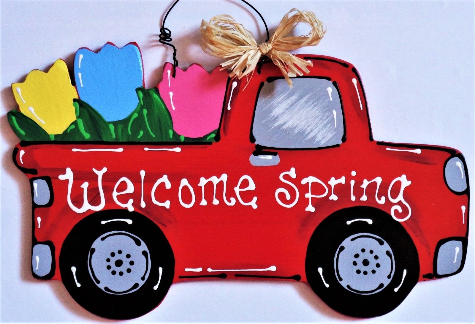 Welcome Spring VINTAGE STYLE TRUCK Sign Wall Door Hanger Hanging Wall ...