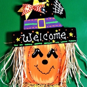 PUMPKIN Witch Hat HALLOWEEN SIGN Fall Jack-O-Lantern Wall Art Door Wood Hanger Plaque Autumn Hand Painted Handcrafted Wooden Country Rustic