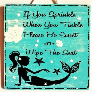 MERMAID Sprinkle Tinkle Bathroom Bath SIGN Wall PLAQUE Beach Tropical Decor Handcrafted Wood Wooden  Door Hanger