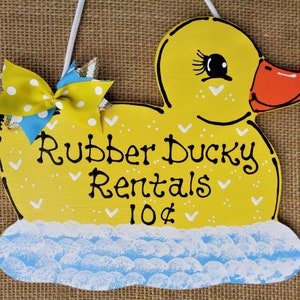 RUBBER DUCKY RENTALS Sign Bath Bathroom Yellow Duck Plaque Kids Decor Wood Wooden Door Hanger
