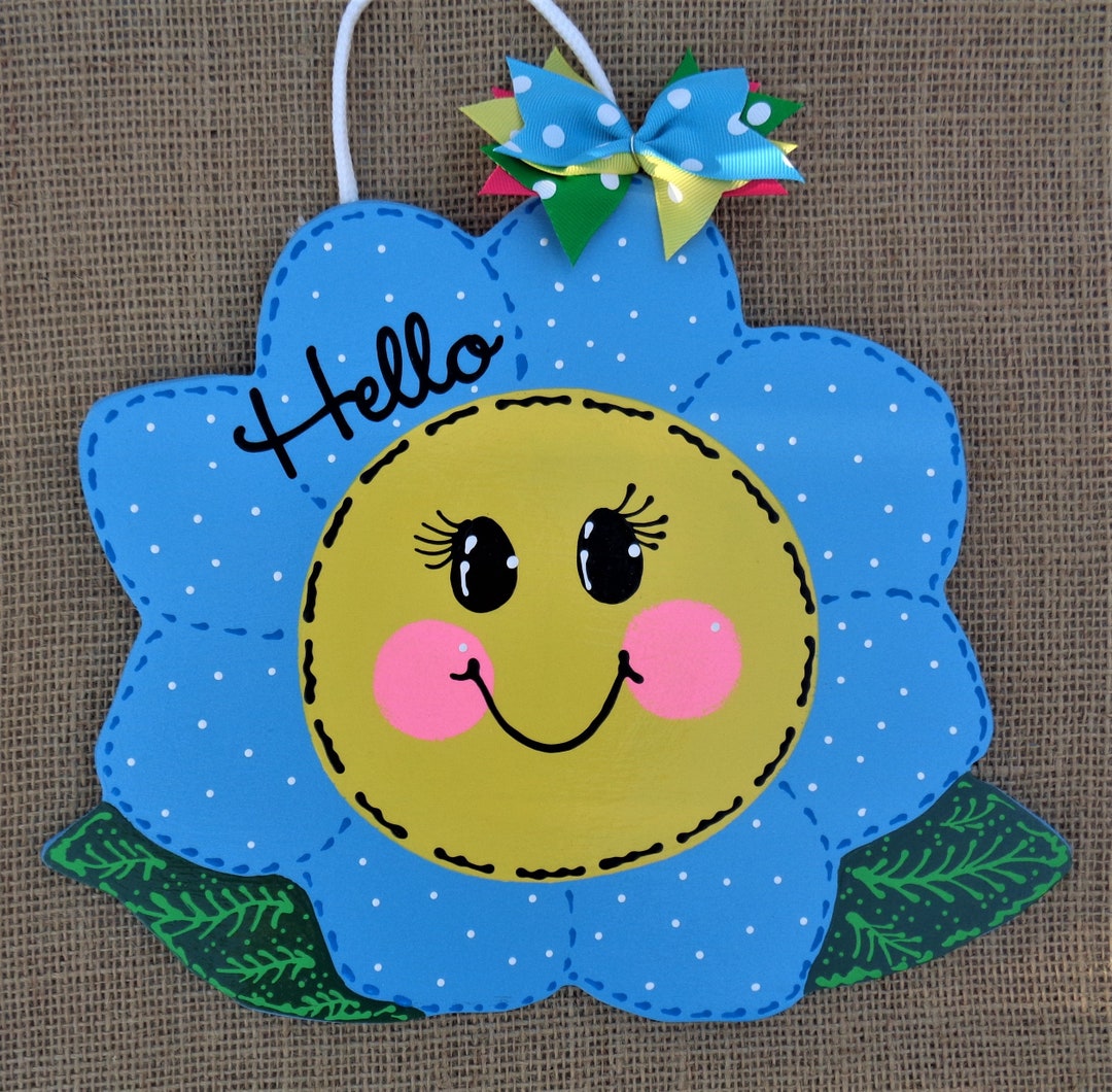 Blue Flower HELLO SIGN Wall Plaque Home Family Deck Patio Door Summer