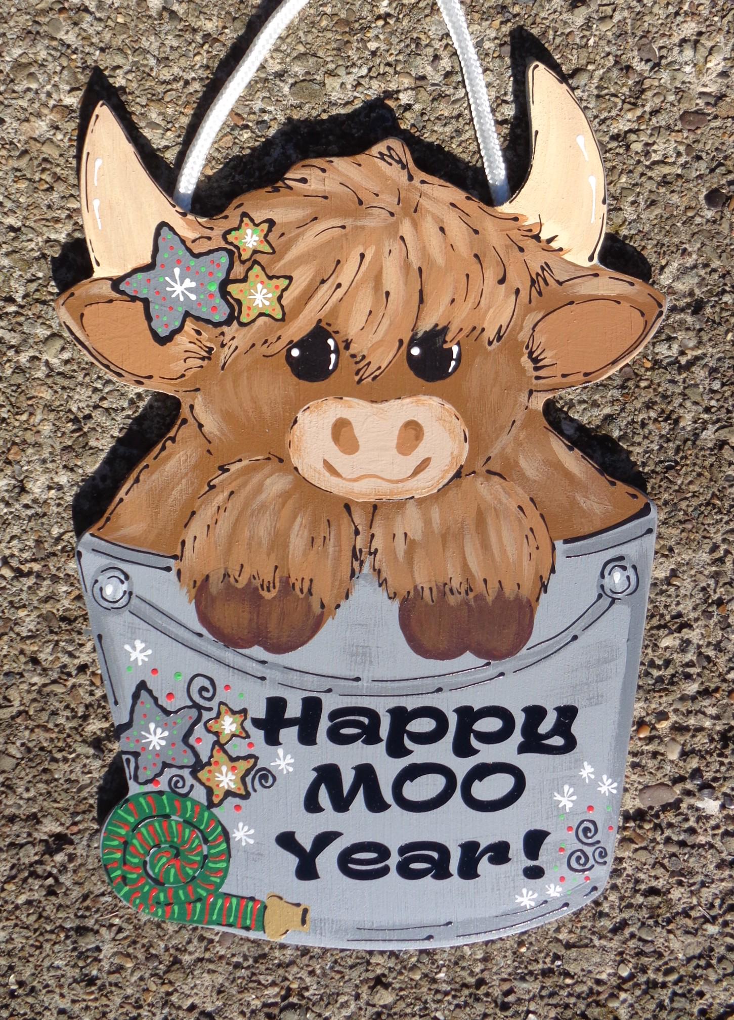 Happy Moo Year Highland Cow Sign Stars Noisemaker Party Handcrafted ...