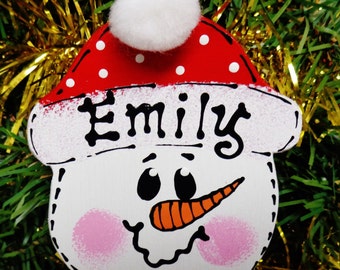 Red Hat U CHOOSE NAME & YEAR Personalized Snowman Christmas Ornament Kids Wood Wooden  Gift Tag