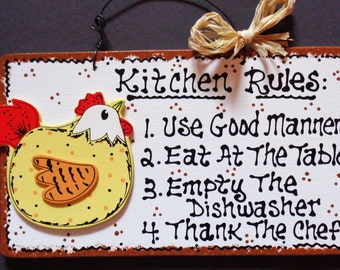 White Sign CHICKEN KITCHEN RULES Wall Barnyard Farm Decor Country Wood Plaque Wood Wooden  Door Hanger