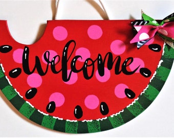 WELCOME Red Watermelon SIGN Wall Art Door Hanger Plaque Pool Backyard Porch Deck Patio Hand Painted Handcrafted Wood Seasonal Summer