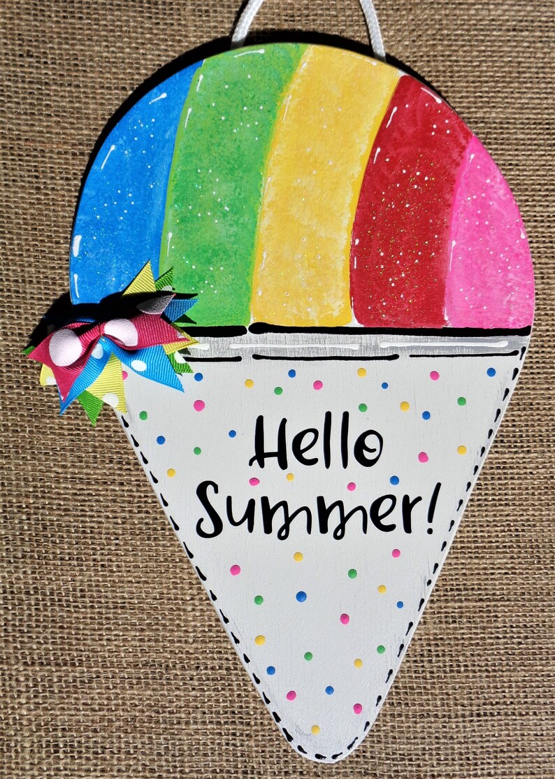 Rainbow SNO CONE SIGN Shaved Ice Glittered Snow Wall Plaque Home Door Summer Handcrafted Handpainted Seasonal Wood Wooden Door Hanger image 1