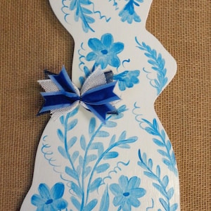 Spring Bunny Chinoiserie Blue or Gray and White Door Sign Hanger Hanging Bunny Plaque Seasonal Handcrafted Hand Painted Wood Door Hanger