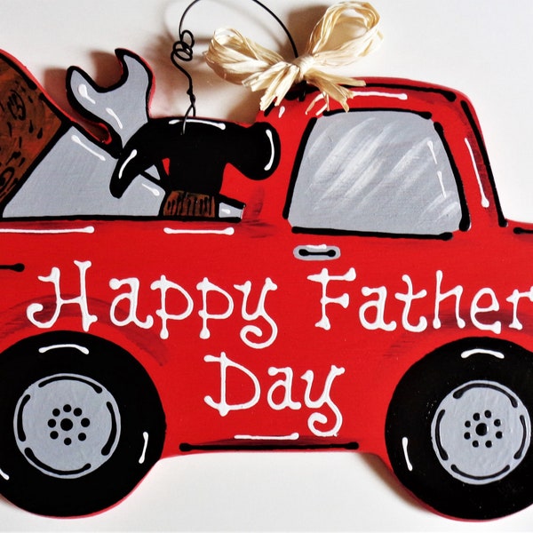 Happy Father's Day VINTAGE RED TRUCK Sign Tools  Hand Painted Handcrafted Wall Art Hanger Plaque Decor Gift Wood Wooden Decor Door Hanger