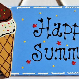 ICE CREAM CONE Happy Summer Sign Wall Hanging Plaque Home Deck Backyard Porch Pool Hand Painted Handcrafted Wood Wooden  Door Hanger