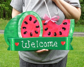 WATERMELON Welcome SIGN Hanger Plaque Home Porch Deck Patio Decor Mesh Wreath Adornment Hand Painted Handcrafted Country Wood Crafts