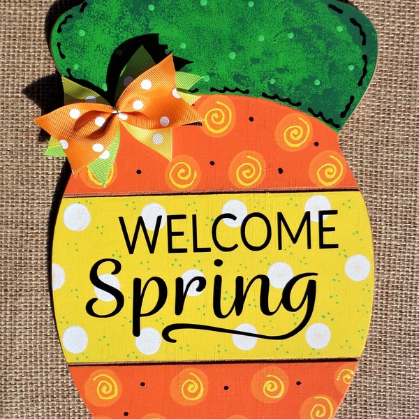 WELCOME SPRING CARROT Sign One Piece Grooved Door Decor Hanger Home Plaque Seasonal Easter Wood Wooden Handcrafted Hand Painted Season Home