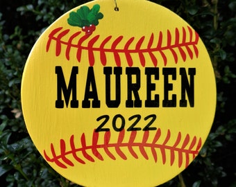 U Choose Name & Date Personalized SOFTBALL ORNAMENT Christmas Holiday Name Sports Team Handcrafted Handpainted Country Wood Crafts