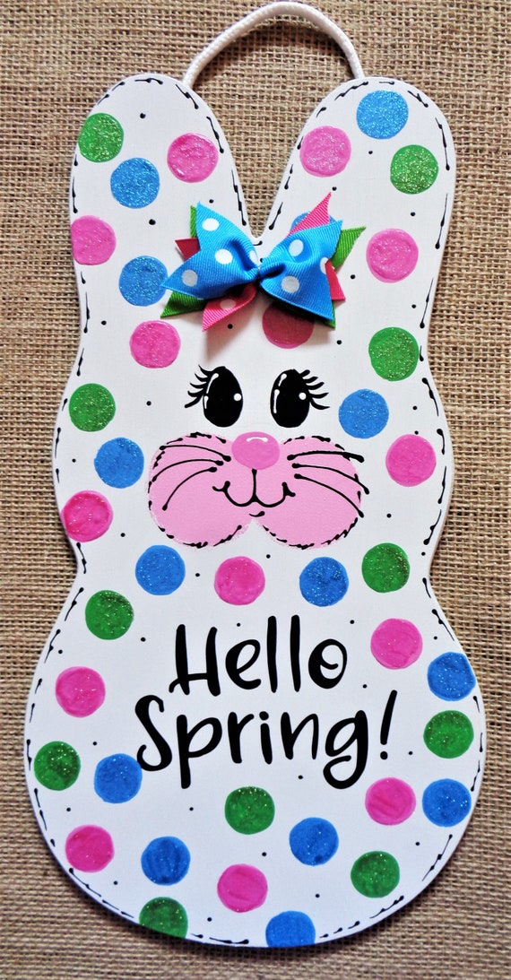 Glittered HELLO SPRING RABBIT Bunny Door Sign Wall Art Hanger
