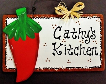 RED CHILI PEPPER Overlay Personalized Name Kitchen Sign Southwest Decor Plaque Wood Wooden Door Hanger