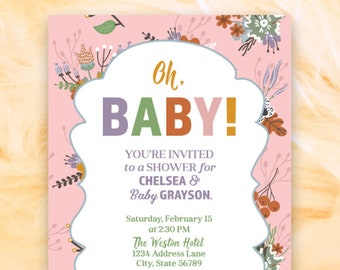 Baby Shower, Printable, Invitation, Fall Florals, Fall Flowers, Oh Baby, Pink Baby Shower, Baby Girl, Mom to Be