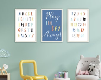 Printable Kids Playroom Posters, ABC 123 Posters, Digital Kids Room Posters, Play the day away poster, Colorful Playroom posters, Kids Room