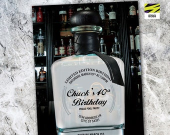 May include: A black and white invitation for a 40th birthday party. The invitation is shaped like a bottle of liquor with the text "Chuck's 40th Birthday" and "Vegas Pool Party". The invitation also includes the date, time, and RSVP information.
