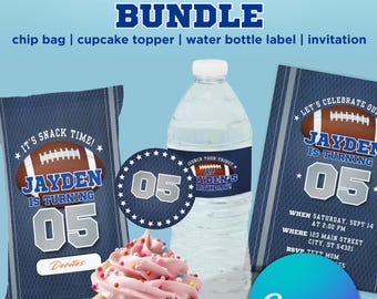 Dallas Football Party Bundle Editable Canva Template Football Birthday Decorations, Chip Bag Wrapper, Invitation, Cupcake Toppers