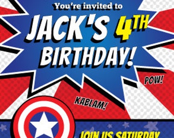 Imprimible, Fiesta de cumpleaños de cómic, Capitán, América, Invitación, Cumpleañero, Fiesta de superhéroe, Héroe de cómic, Fiesta de cómic