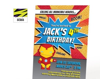 Imprimible, fiesta de cumpleaños de cómic, invitación de fiesta, cumpleañero, fiesta de superhéroes, fiesta de cómic, invitación de cumpleaños, hierro, hombre