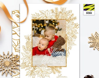 Christmas Card, Holiday Card, Photo Card, Merry Christmas Card, Merry Christmas Photo Card, Gold Glitter Floral Christmas Card, Holiday Card