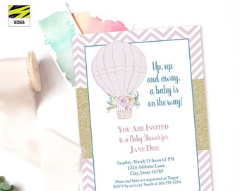 Digital Baby Shower Invitation, Up Up and Away a Baby is on the Way, Adventure Begins, Baby Girl Shower, Hot Air Balloon, Baby Shower