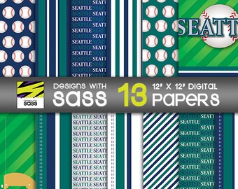 Digital Paper, Seattle Baseball, Seattle Baseball Pattern, Seattle Baseball Scrapbook Paper, Seattle Baseball Craft Paper, Digital Scrapbook
