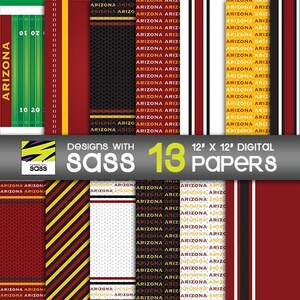 Puede incluir: Un conjunto de 13 papeles digitales con varios patrones en rojo, negro, blanco y amarillo. Los patrones incluyen rayas, lunares y un diseño de campo de fútbol. Los papeles miden 30,5 cm por 30,5 cm y están diseñados con "sass".
