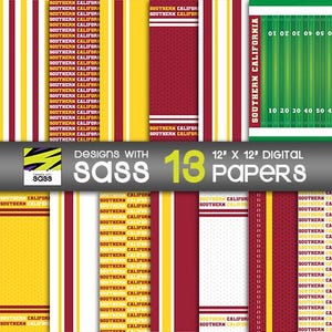 Papier numérique, Papier pour ballons de football universitaire du sud de la Californie, Papier pour verre de football, Football universitaire de Californie, Motifs sportifs, Scrapbooking de football