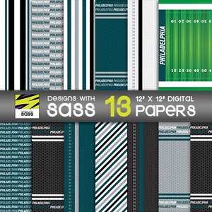 May include: A set of 13 digital papers featuring various designs in black, white, green, and teal. The papers are 12 inches by 12 inches and feature patterns such as stripes, polka dots, and a football field.