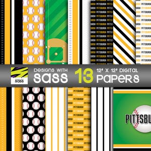 May include: A collection of 13 digital papers with baseball themes. Designs include baseballs, baseball fields, and stripes in black, yellow, and white. The text "Designs with sass" and "12" x 12" Digital Papers" are also visible.