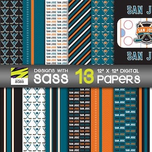 Papier numérique, motif de papier de hockey San Jose, hockey de Californie, hockey de Californie, motif de hockey, fond de hockey, papier de scrapbooking hockey