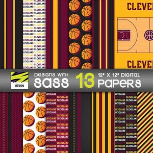 Digitales Papier, Cleveland Basketball Muster, Ohio Basketball Muster, Cleveland Basketball Scrapbook Papier, Cleveland Basketball Craft Paper