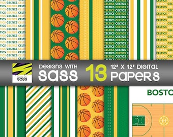 Digital Paper, Boston basketball, Basketball Scrapbook paper, Boston Basketball Paper, Boston Basketball Pattern, Basketball Craft Paper