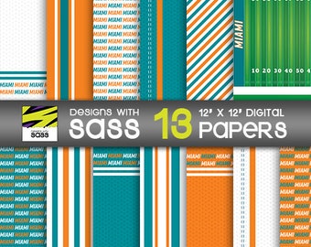 Miami Football Digital Paper Pattern Miami Football Paper, Florida Football Pattern, Miami Football Scrapbook Paper, Miami Football Craft