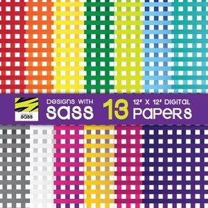 May include: A collection of thirteen digital papers featuring a vibrant gingham check pattern in various colors including red, orange, yellow, green, lime, blue, teal, gray, white, pink, gold, magenta, and purple, with the text Designs with Sass 13 12' x 12' Digital Papers.