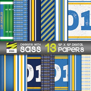 May include: A set of 13 digital papers featuring a blue and yellow colour scheme with various patterns, including stripes, polka dots, and a repeated text pattern that says "Los Angeles". The papers are 30.5 cm by 30.5 cm.
