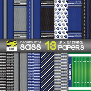 Digitales Papier, Memphis Football, Memphis College Football Muster, Tiger College Football Papier, Sport Kraftpapier, Fußball Sammelalbum
