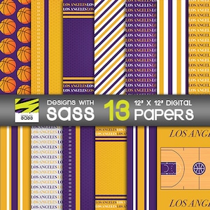 Papier numérique, motif de basket-ball de Los Angeles, papier de basket-ball de Los Angeles, papier de scrapbooking numérique Baketball, motif de papier de basket-ball de LA