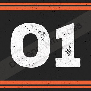 May include: A black and white image of the number 01 with a distressed, vintage look. The numbers are set against a black background with two orange stripes at the top and bottom.