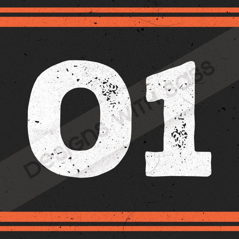 May include: A black and white image of the number 01 with a distressed, vintage look. The numbers are set against a black background with two orange stripes at the top and bottom.