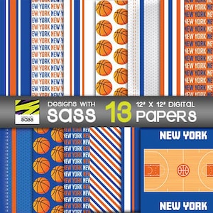 May include: A set of 13 digital papers featuring basketball and New York City themes. The papers include a variety of patterns, including stripes, polka dots, and a basketball court. The papers are 12 inches by 12 inches and are perfect for scrapbooking, card making, and other craft projects.
