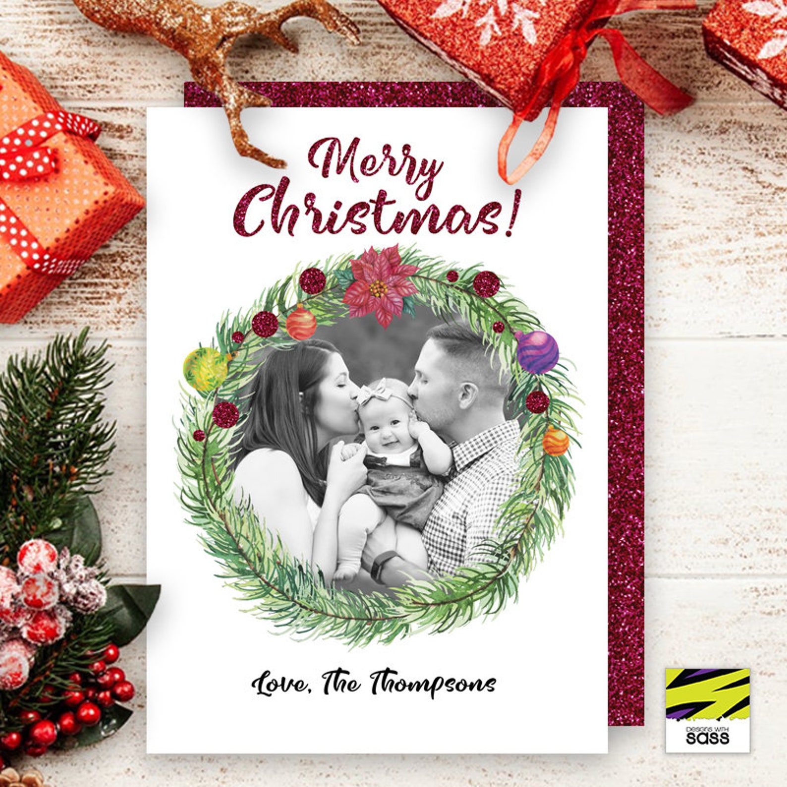 Digital, Christmas Photo Card, Christmas Wreath, Red Glitter, Christmas