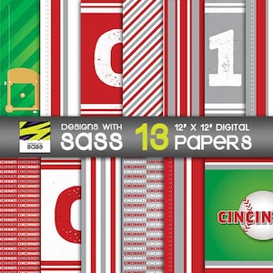 Digitales Papier, Cincinnati Baseball, Sport, Rot, Weiß, Grau, Muster, Rottöne Baseball, Baseball Scrapbook-Papier, Baseball Muster