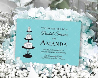 Printable, Bridal Shower Invitation, Breakfast at Tiffany's, Bachelorette, Blue, Teal, Seafoam, Mint, Black, Classy, Vintage, Retro, Digital