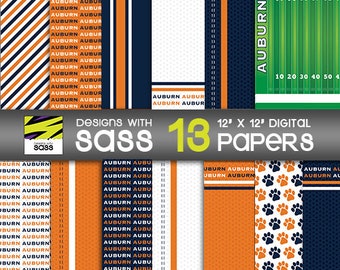 Auburn Football Digital Paper, College Football Scrapbook Background, Orange Blue Sports Pattern, Tumbler Wrap Sublimation
