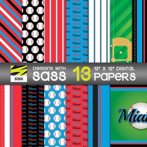 May include: A set of 13 digital papers with baseball designs. The papers feature baseballs, stripes, and a baseball field. Each paper measures 30.48 cm x 30.48 cm and includes the text "Miami".