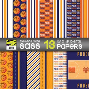 Papier numérique, papier de basket-ball Phoenix, motif de basket-ball Phoenix, papier artisanal de basket-ball Phoenix, papier de scrapbooking de basket-ball Phoenix