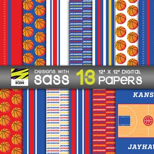 Puede incluir: Un conjunto de 13 papeles digitales con diseños de temática de baloncesto. Los papeles incluyen una variedad de patrones, incluyendo balones de baloncesto, rayas y las palabras "Jayhawks". Los papeles miden 30,5 cm por 30,5 cm.
