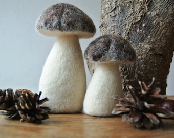 Two felted mushrooms; Boletus edulis; felt porcini; felt food; felt toadstool